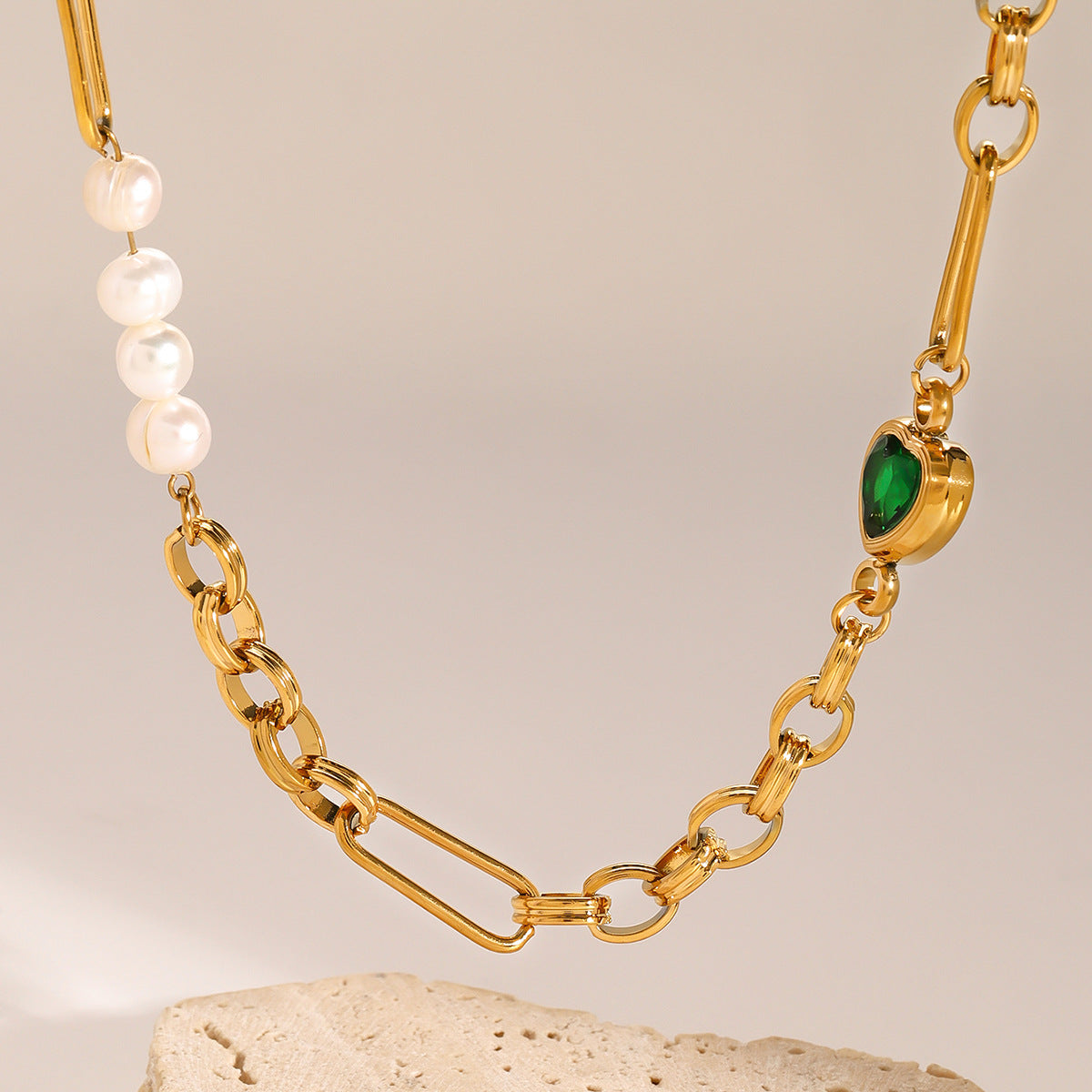 Maddison Pearl & Green Heart Gold Chain Set