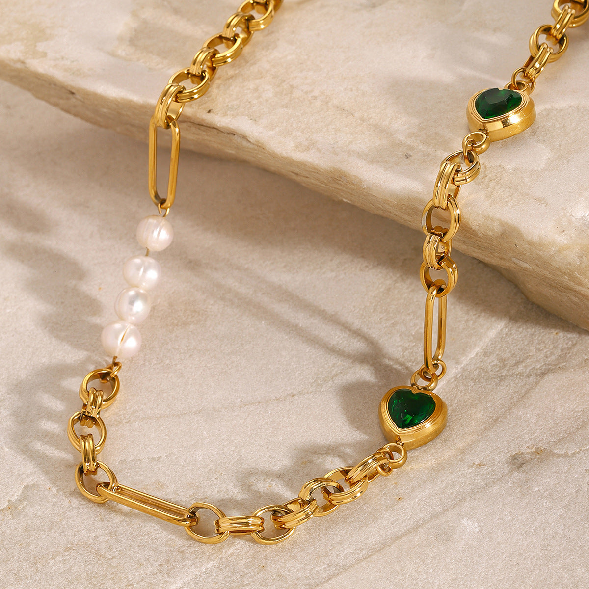 Maddison Pearl & Green Heart Gold Chain Set