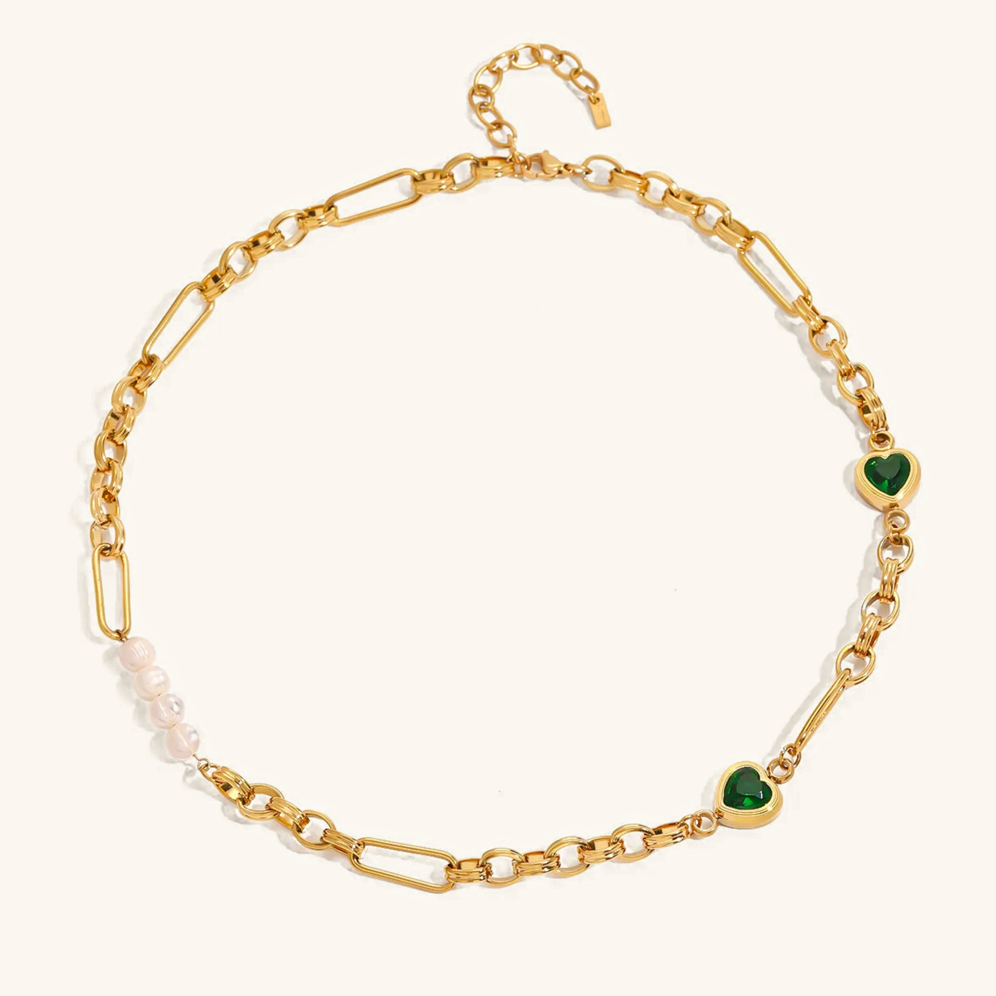Maddison Pearl & Green Heart Gold Chain Set
