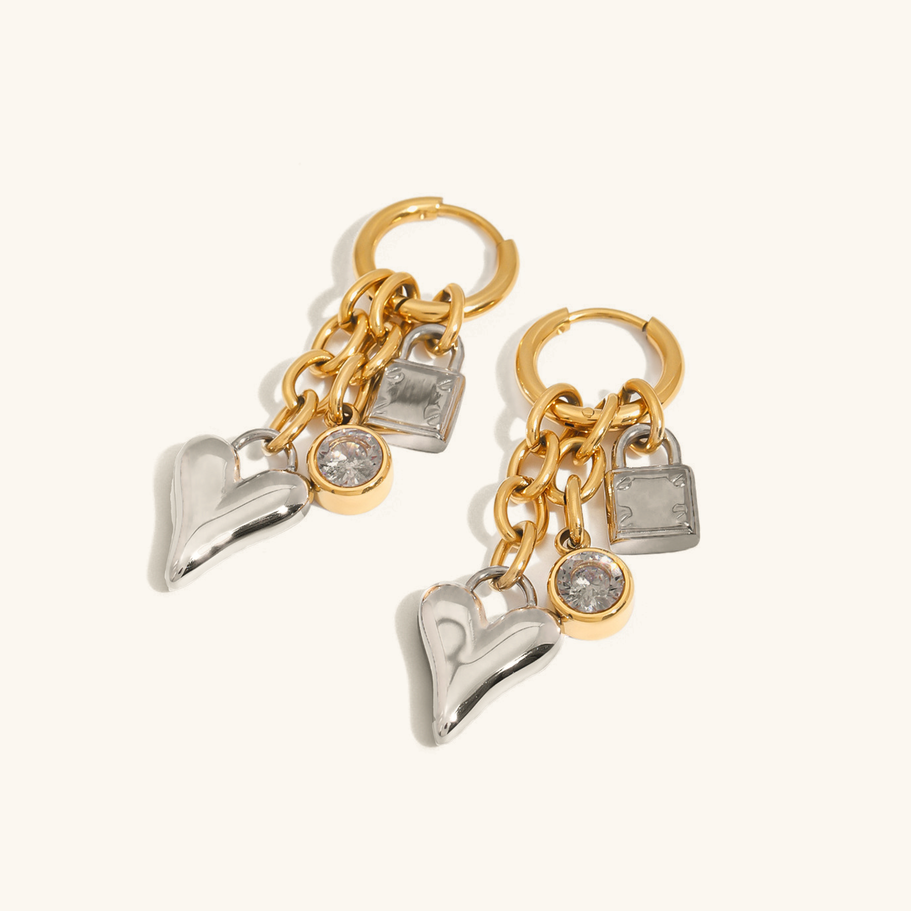 Linked Heart & Lock Gold Earrings