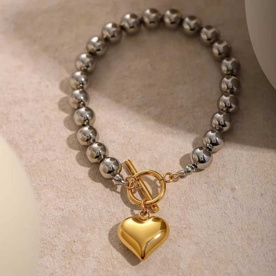 Chunky Bead & Gold Heart Bracelet