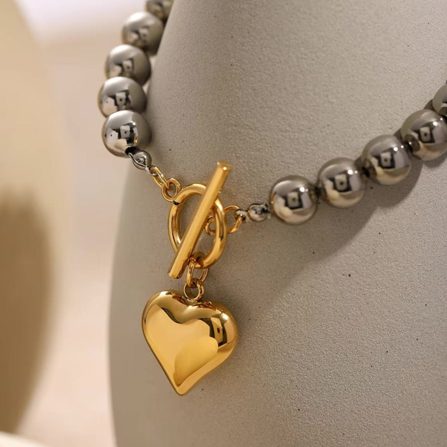 Chunky Bead & Gold Heart Bracelet