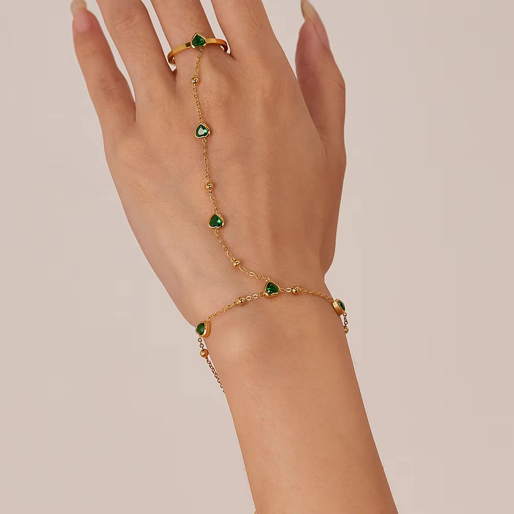 Emerald Heart Hand Chain - Gold