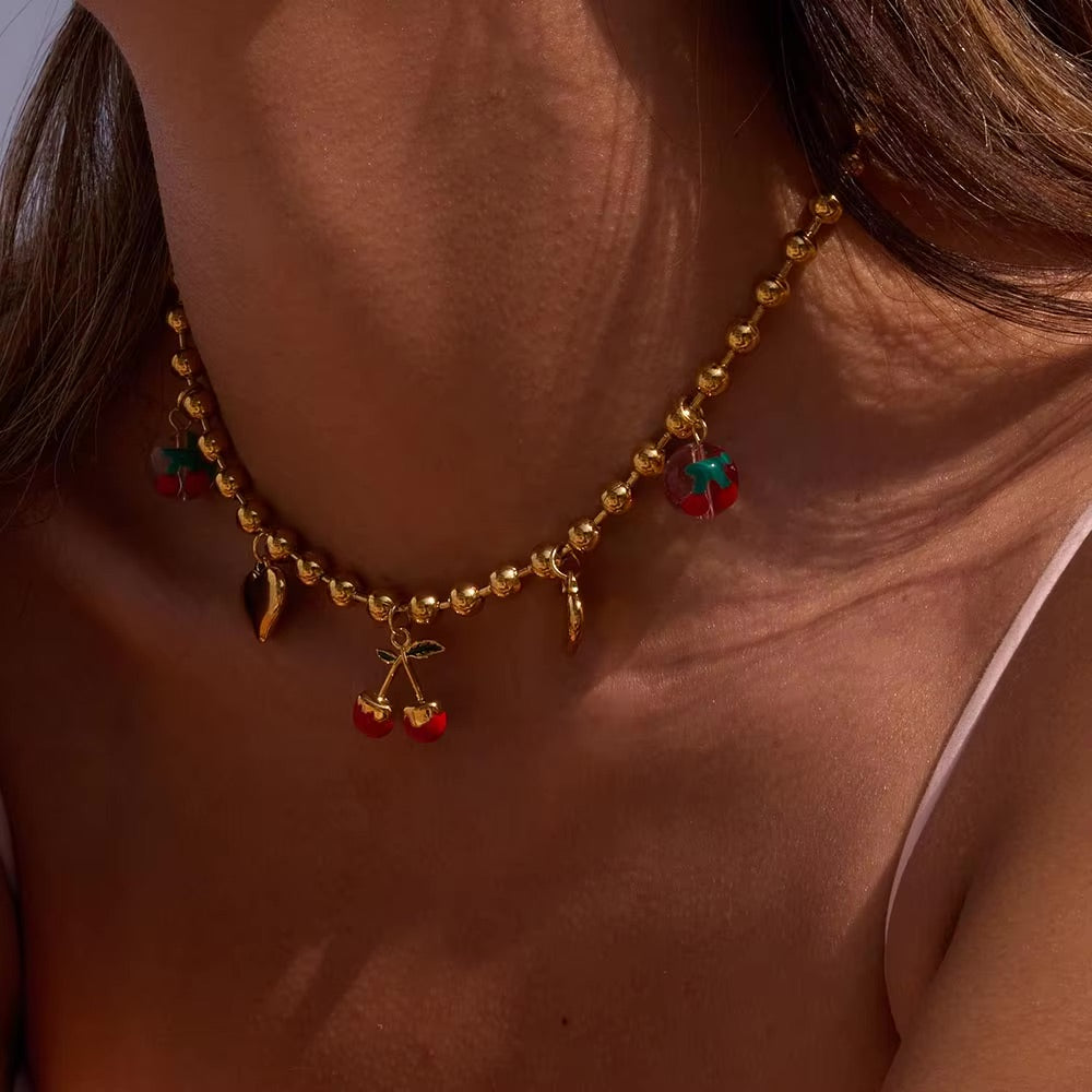 Golden Cherry Charm Necklace