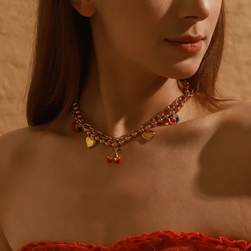 Golden Cherry Charm Necklace