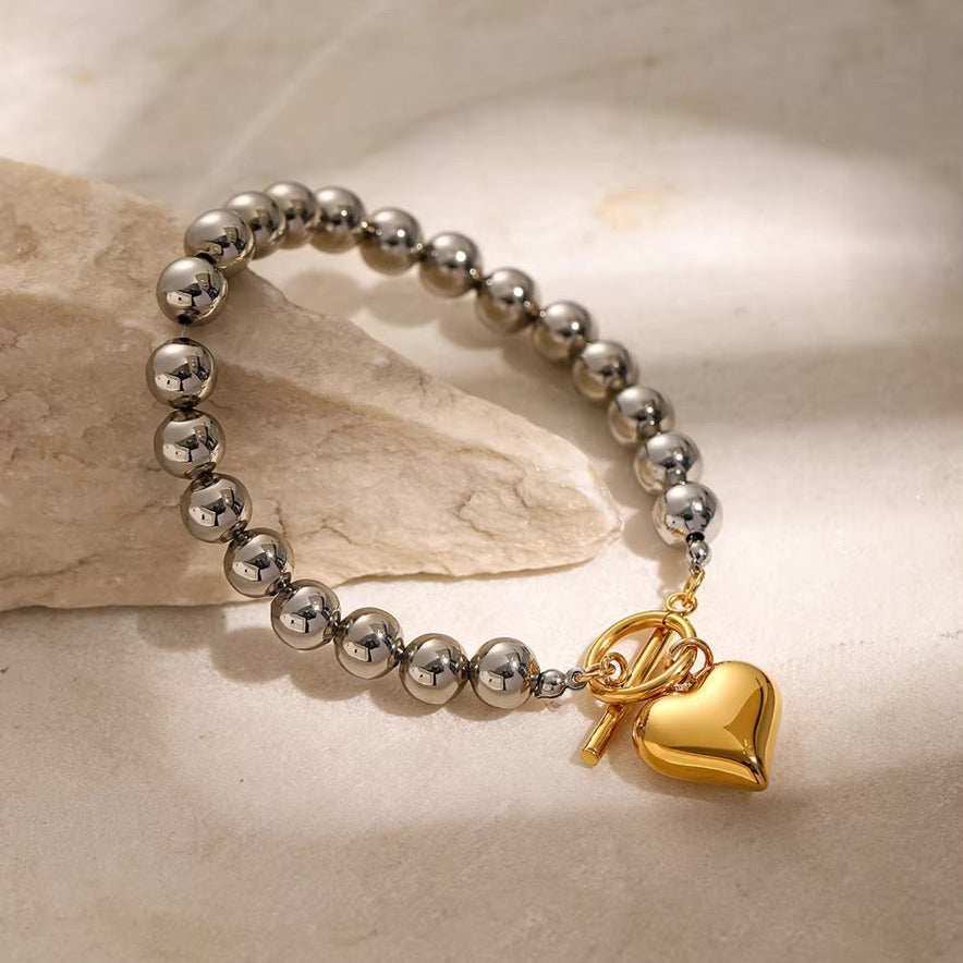 Chunky Bead & Gold Heart Bracelet