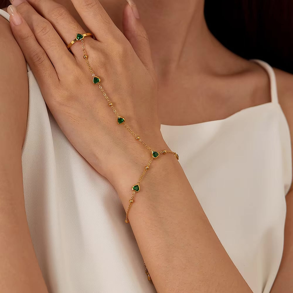 Emerald Heart Hand Chain - Gold