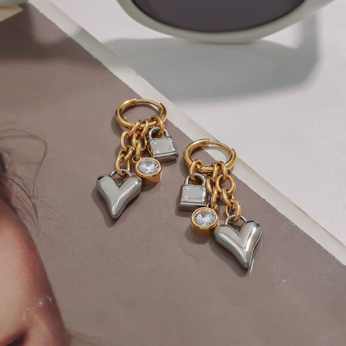Linked Heart & Lock Gold Earrings