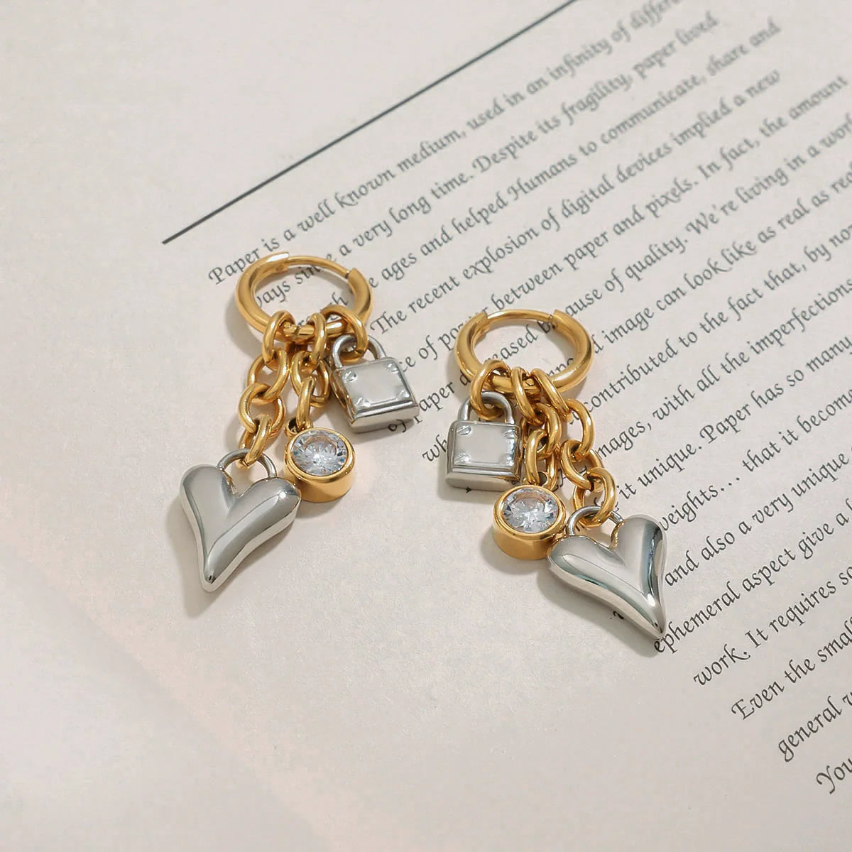 Linked Heart & Lock Gold Earrings