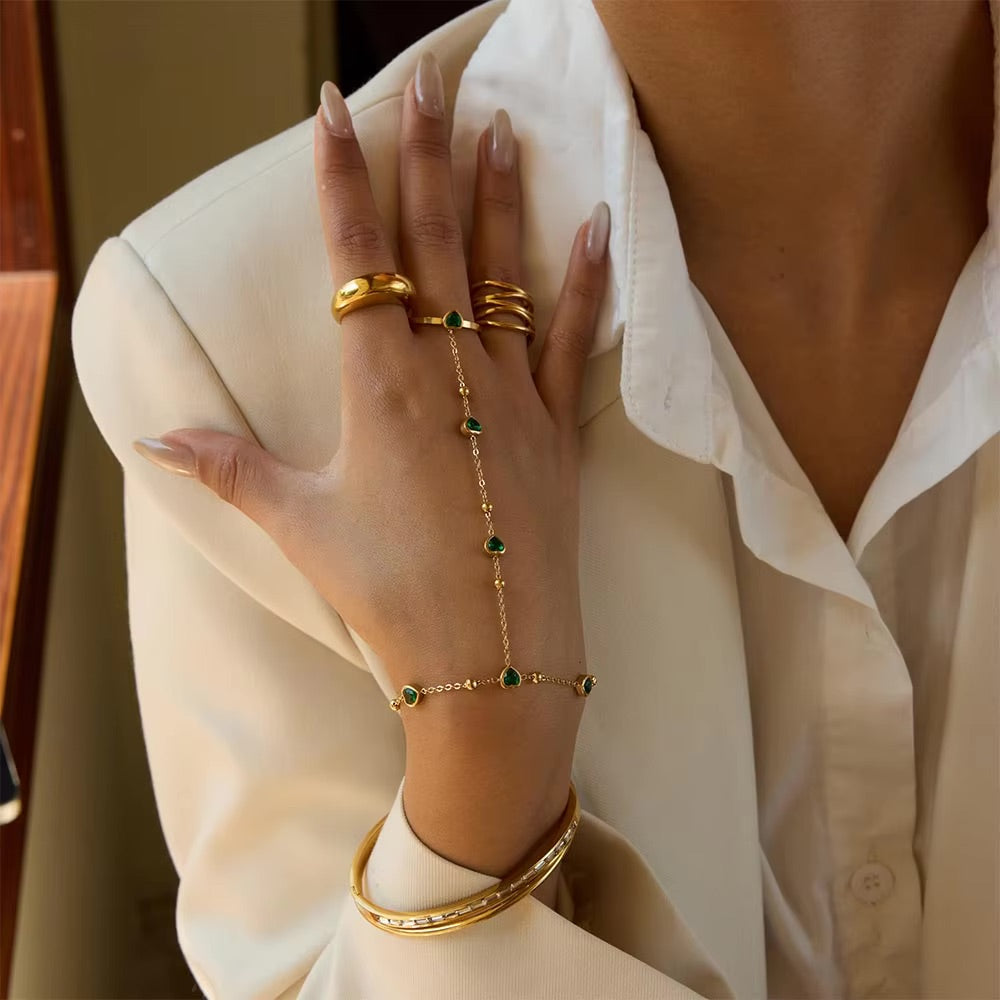 Emerald Heart Hand Chain - Gold